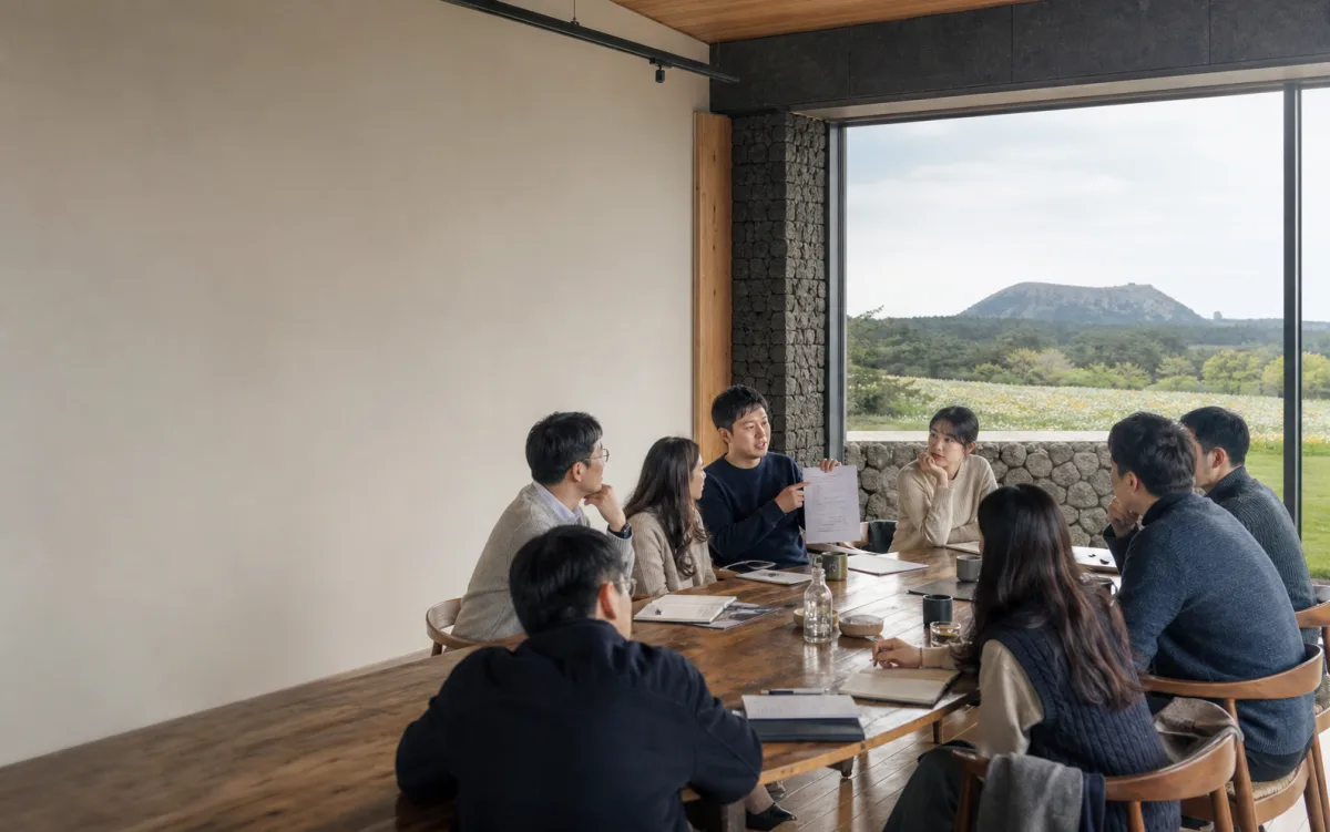 제주 오름과 돌담이 보이는 회의실에서 자료를 두고 마주 앉아 대화하는 기업 팀